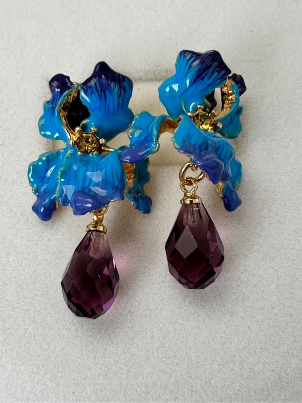 Blue Enamel Floral Drop Earrings with Purple Crystal Teardrops